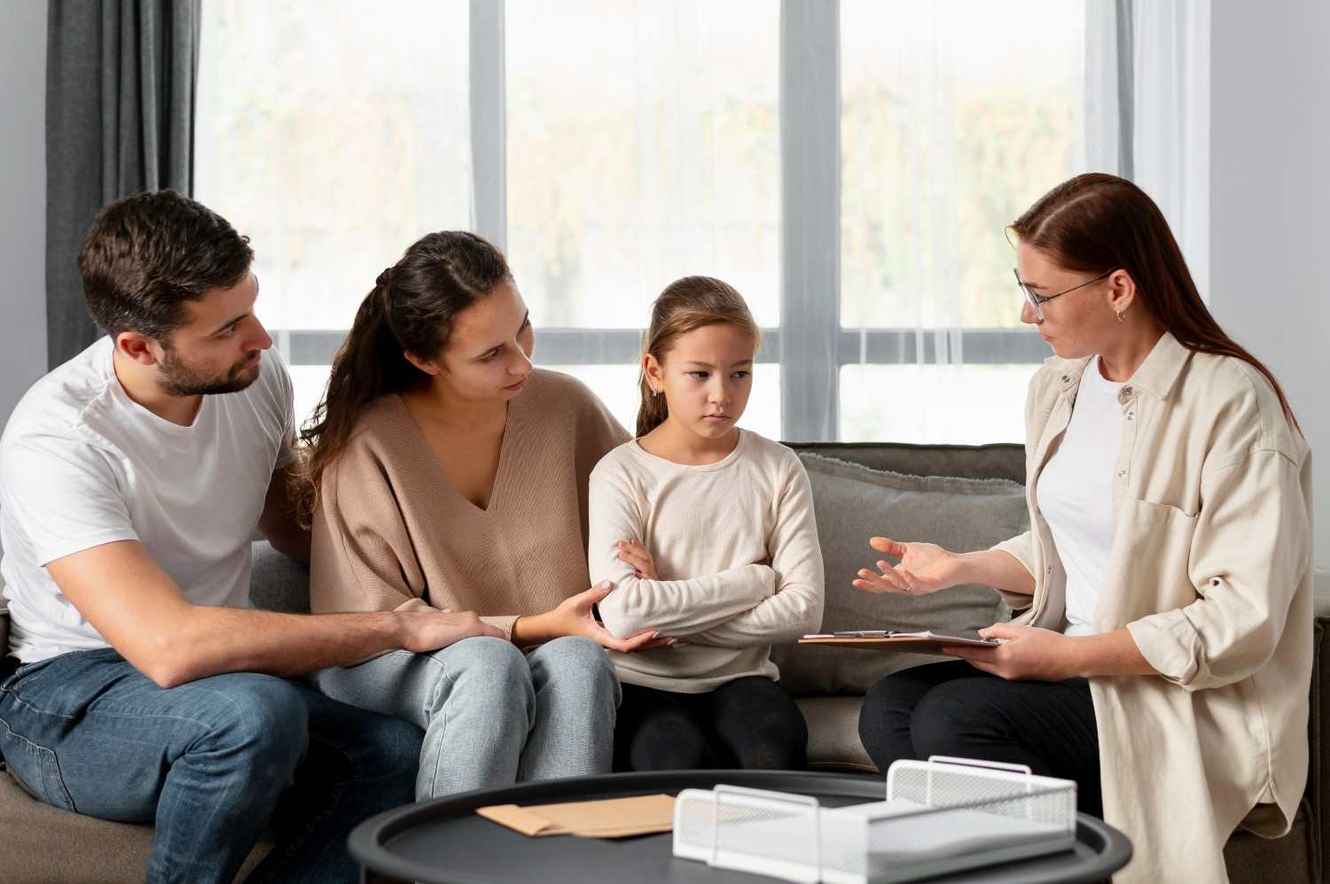 Foster family talking together with their counselor during a session